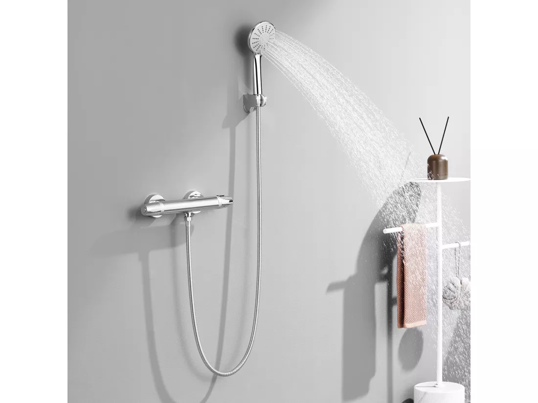 Auralum Max Mitigeur de Douche Thermostatique à Fixation Murale Anti-brûlure, Robinet d'Eau Chaude/Froide,Température Constante de 38°,Chromé