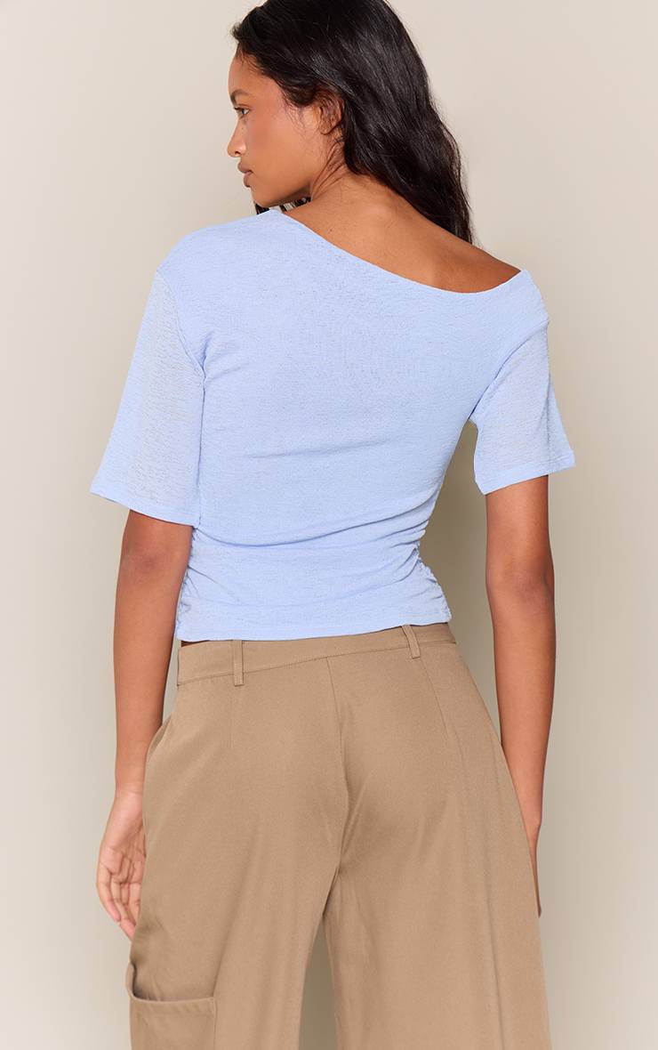 Bleu T-shirt Texturé Dévoré Asymétrique Épaule Dénudée Coupe Décontractée