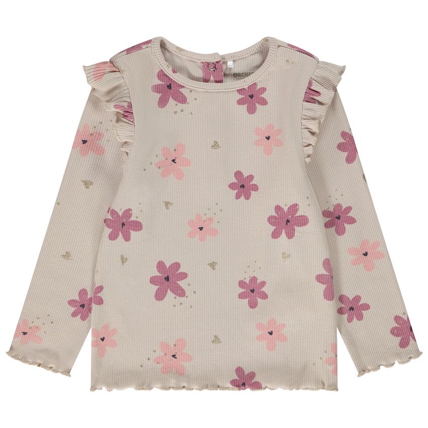 T-shirt manches longues côtelé imprimé fantaisie pour bébé fille - Ecru