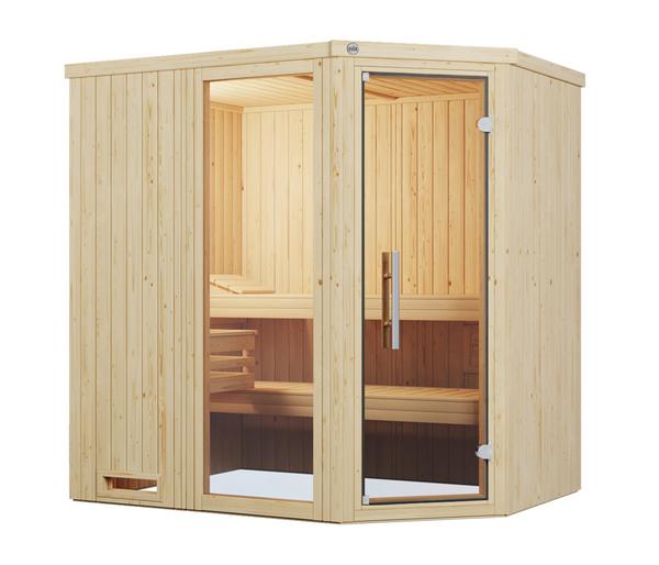 Weka Ecksauna Varberg mit Glastür und Fenster