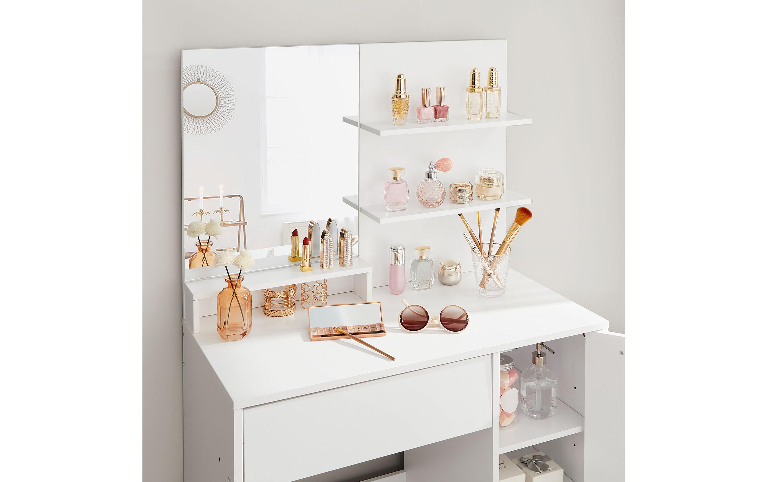 Schminktisch 80 x 40 x 132 cm, Weiss<br>Schminktisch mit Ablagen, Schublade und Spiegel