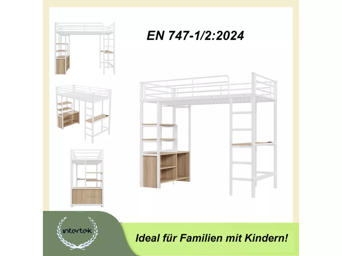 Lit mezzanine 90 x 200 cm avec bureau, prises USB, placard de rangement ouvert - Métal + MDF - Blanc (sans matelas)