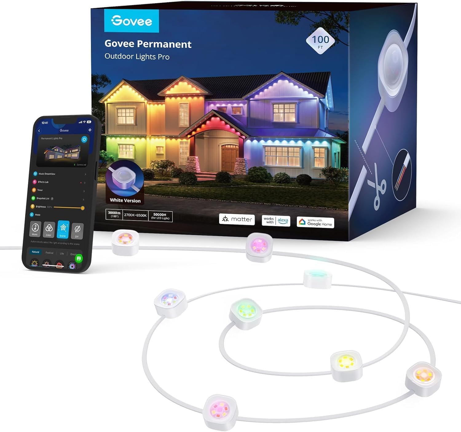 Govee Permanent Outdoor Lights Pro 30m, mit 60 RGBIC Warm/Kaltweiß LED Leuchten, 75 Szenenmodi für Party, IP67 wasserdicht, funktioniert mit Alexa,  Assistant, Matter