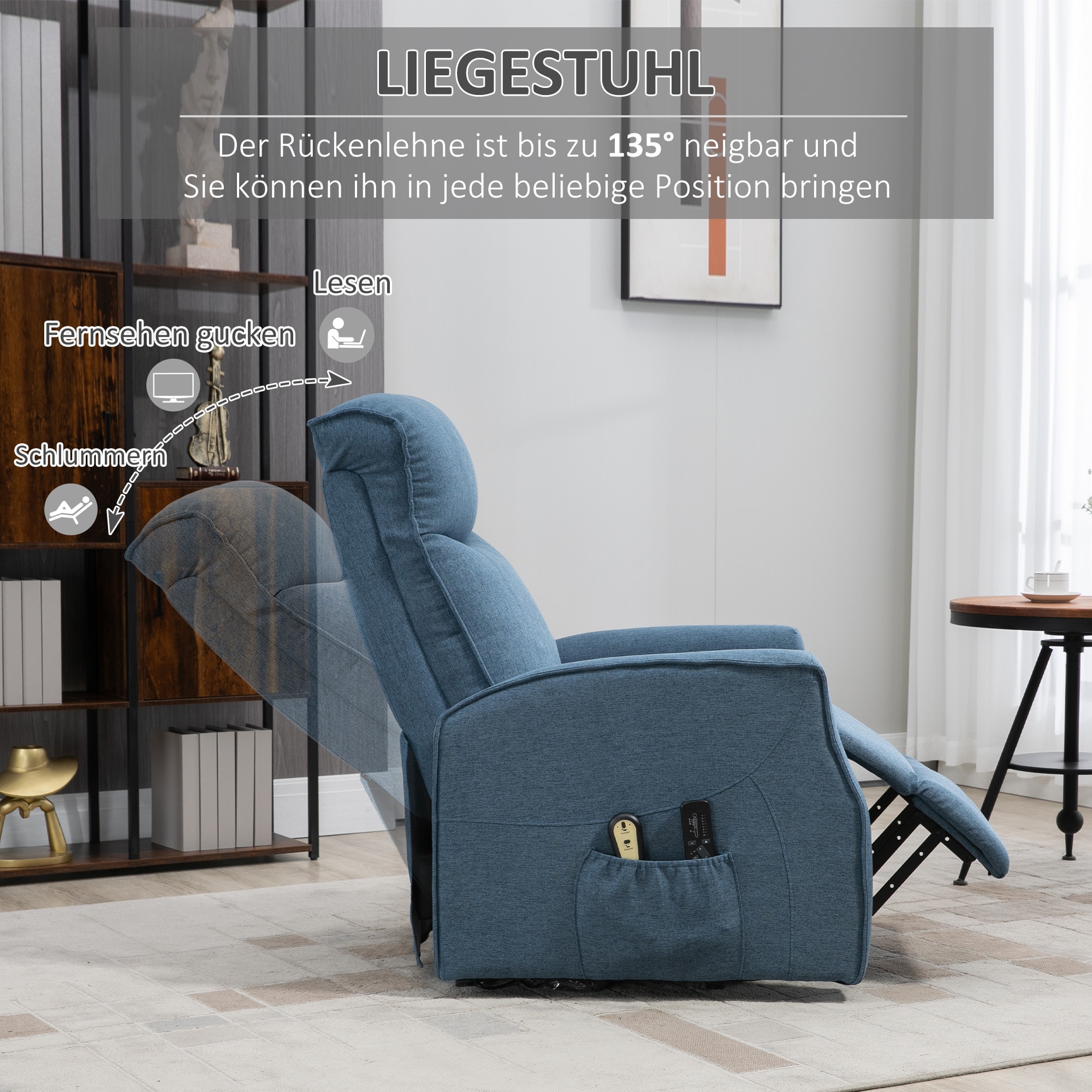 HOMCOM Funktionssessel mit Massagefunktion und Aufstehhilfe blau 74,5L x 87,5B x 110H cm