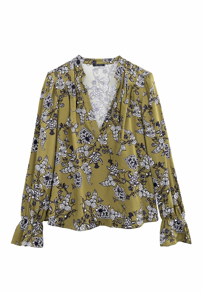 Blusa IKKS com estampa floral, decote em V e mangas compridas.