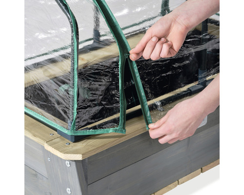 Kinder verhoogd tuinbed op palen EXIT Aksent hout maat L met deksel, tuingereedschap 93,5x68x50 cm grijs