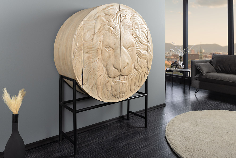 Massives Highboard LION 140cm weiß Mangoholz Metall 3D Schnitzereien Kunstwerk