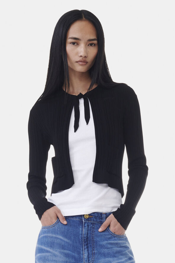 Ganni Light Viscose Rib Cardigan Black