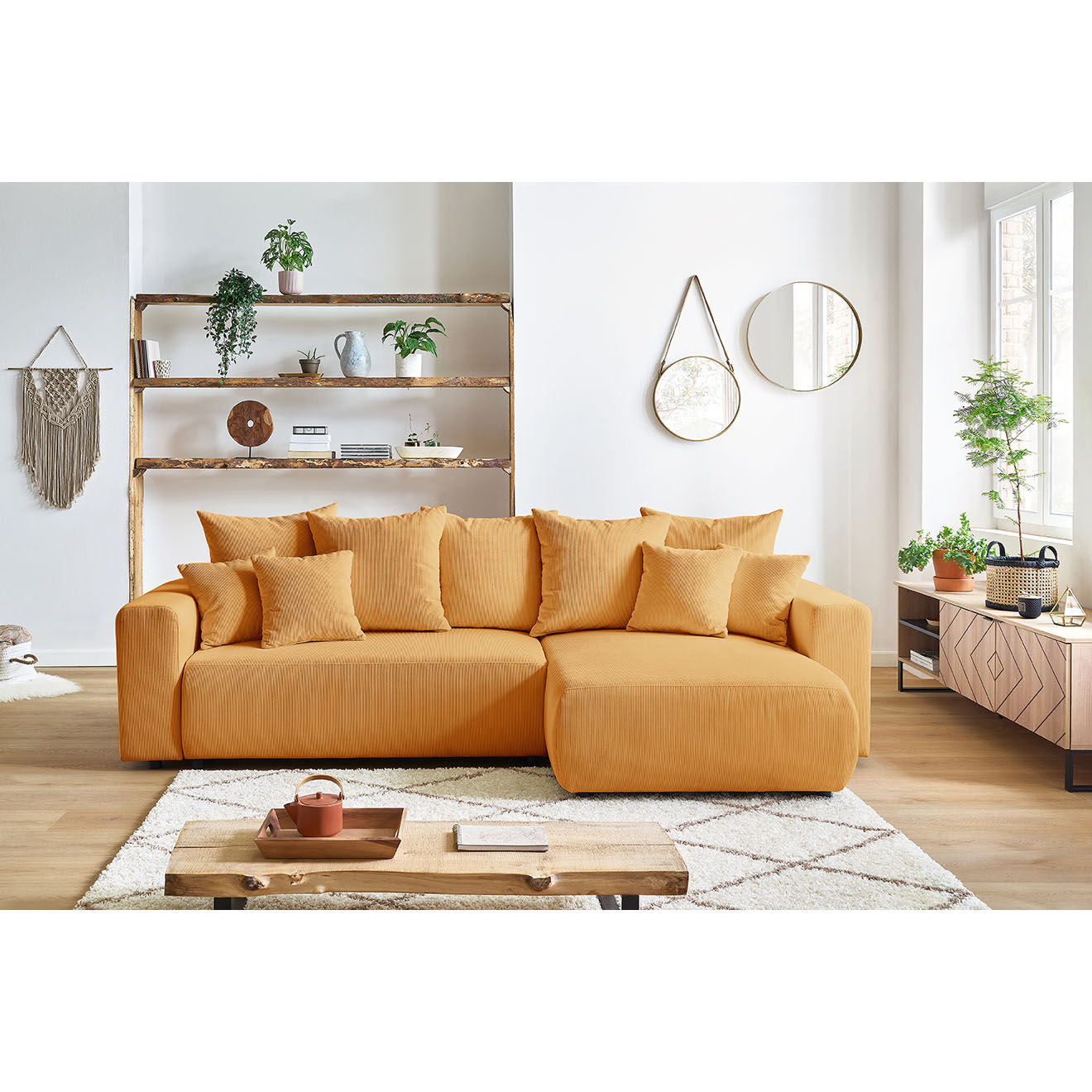 Bobochic Canapé d'angle convertible reversible velours côtelé Envy jaune - 282x153x95 cm