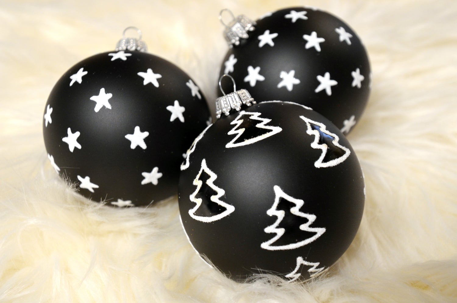 Kerst zwart-wit ebbenhout, set van 3, mat zwart/wit, glitter, 8 cm, 3 stuks, kerstballen, kerstversieringen, kerstversieringen