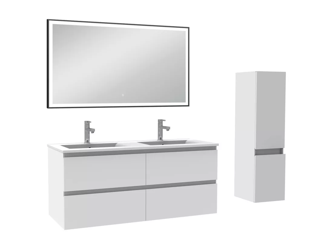 Meuble salle de Bain 120cm double vasque avec colonne et miroir 3 couleurs blanc