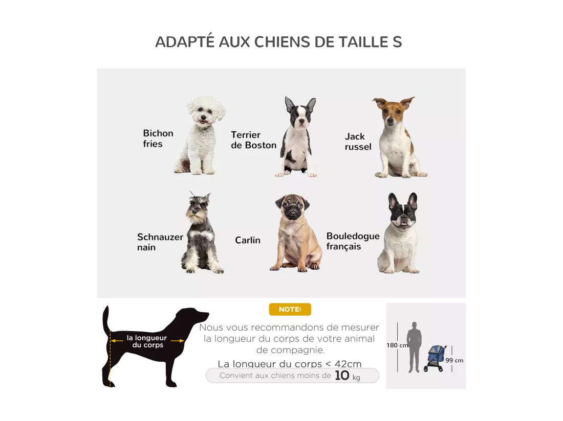 Poussette pliable pour chien chat - 4 roues doubles, 2 freins, attache, coussin inclus - acier Oxford bleu