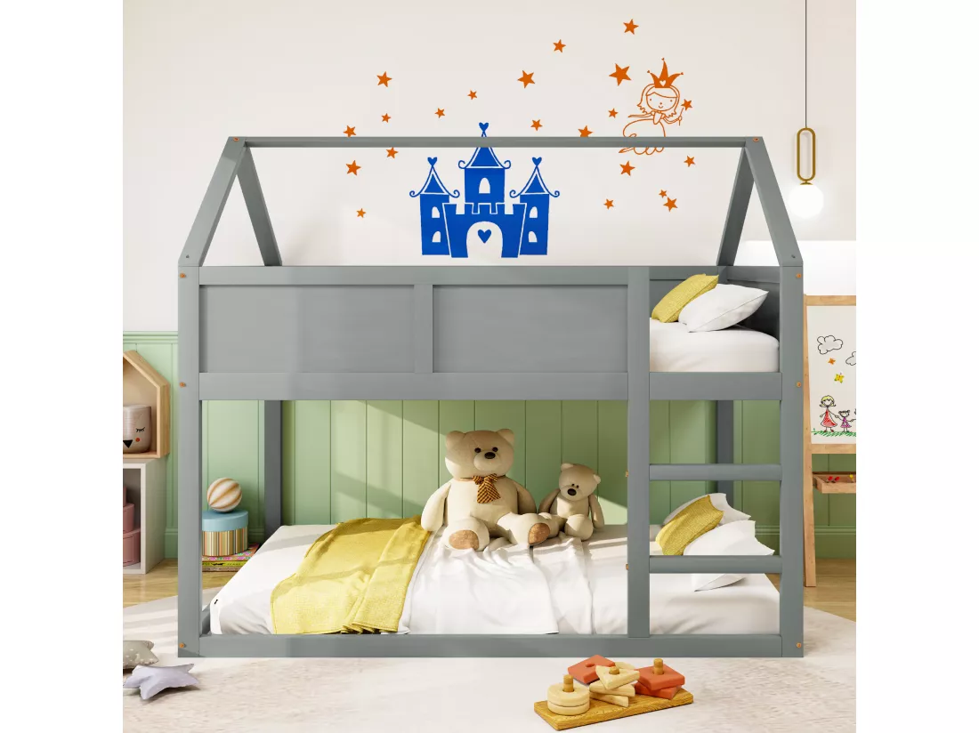 Lit superposé enfant 2 x 90 x 200 cm, lit mezzanine avec escalier, cadre en bois massif, gris