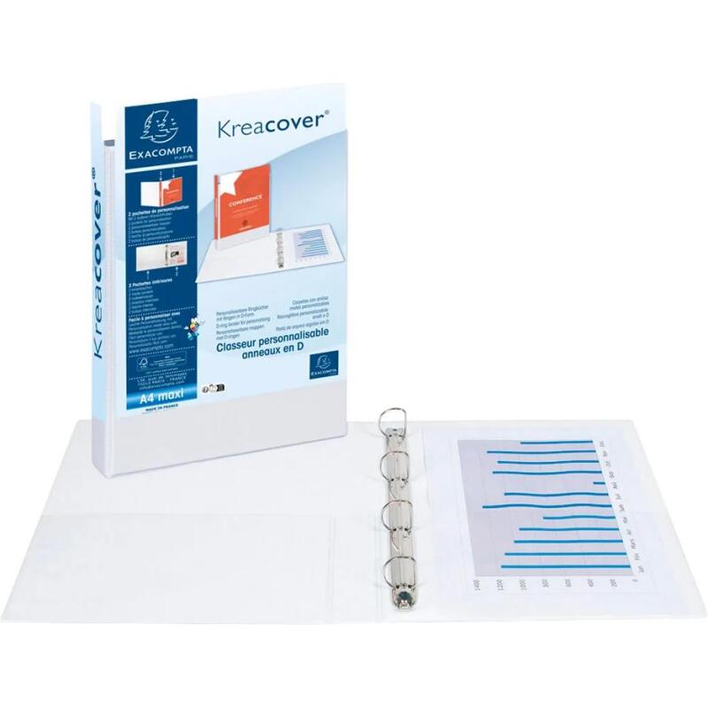 Classeur 4 anneaux cartonné Exacompta Kreacover® personnalisable A4 maxi - Dos 4,7 cm blanc