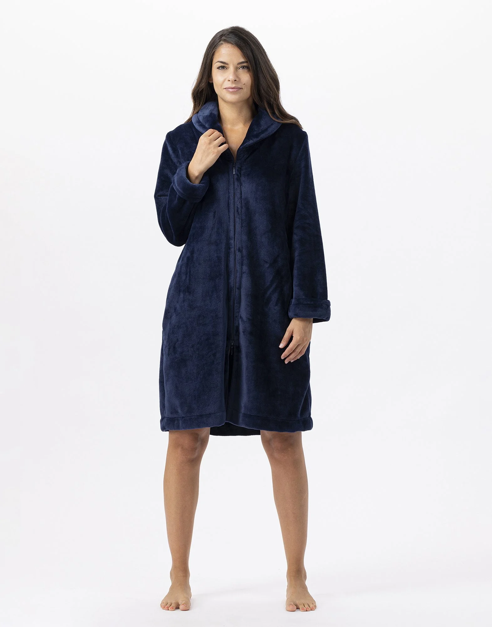 ESSENTIEL H56B - Robe de chambre zipée en peluche flanelle | Bleu