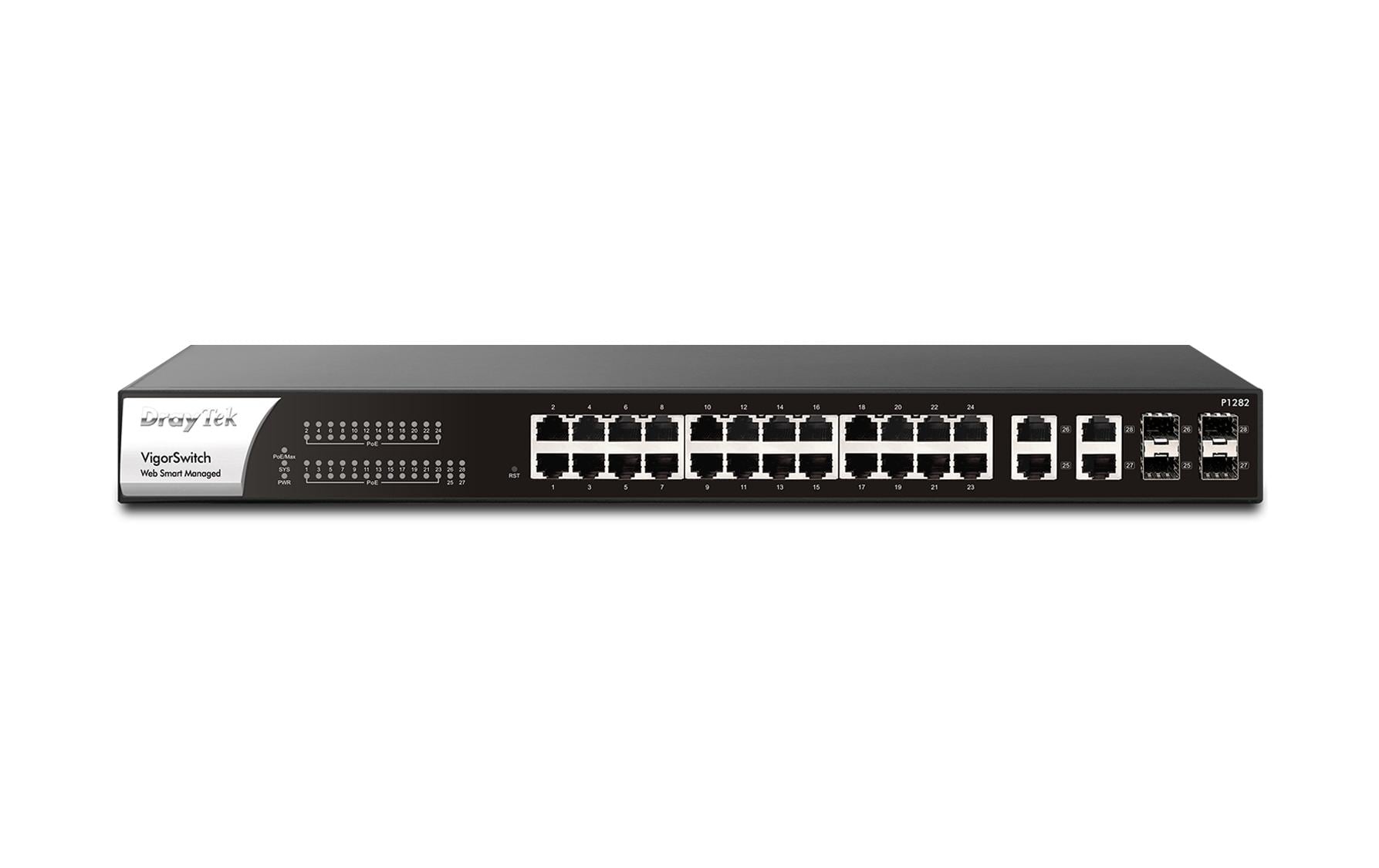 PoE+ Switch VigorSwitch P1282 28 Port<br>Vielseitiger 24-Port PoE+ Gigabit Managed Switch mit 56 Gbps Switching-Kapazität und umfassenden Sicherheitsfunktionen