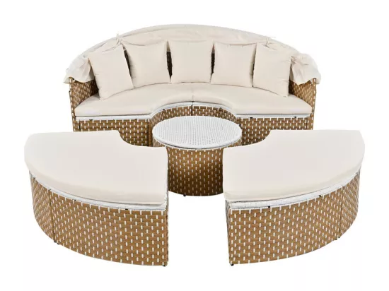 Ensemble de salon de jardin rond - Canapé lounge en PE rotin avec auvent réglable - 4 places et 1 table basse - Beige