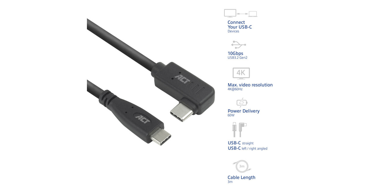 ACT ConnectivityUSB 3.0 10Gbps 60W USB Type-C® (recht) naar USB Type-C® (haaks links/rechts) kabel, 3 meter  (Zwart)