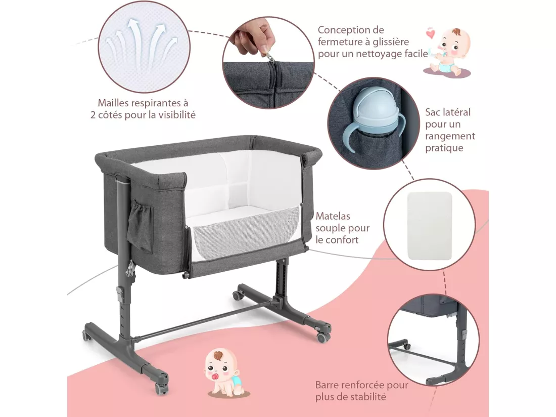 Lit Cododo Bébé 3 en 1 avec Hauteur Réglable 5 Niveaux, Lit Berceau Inclinaison de 10° avec Matelas Confortable,Maille Respirante,Charge 9KG,Sac de Voyage pour Bébé 0-5 Mois, Gris