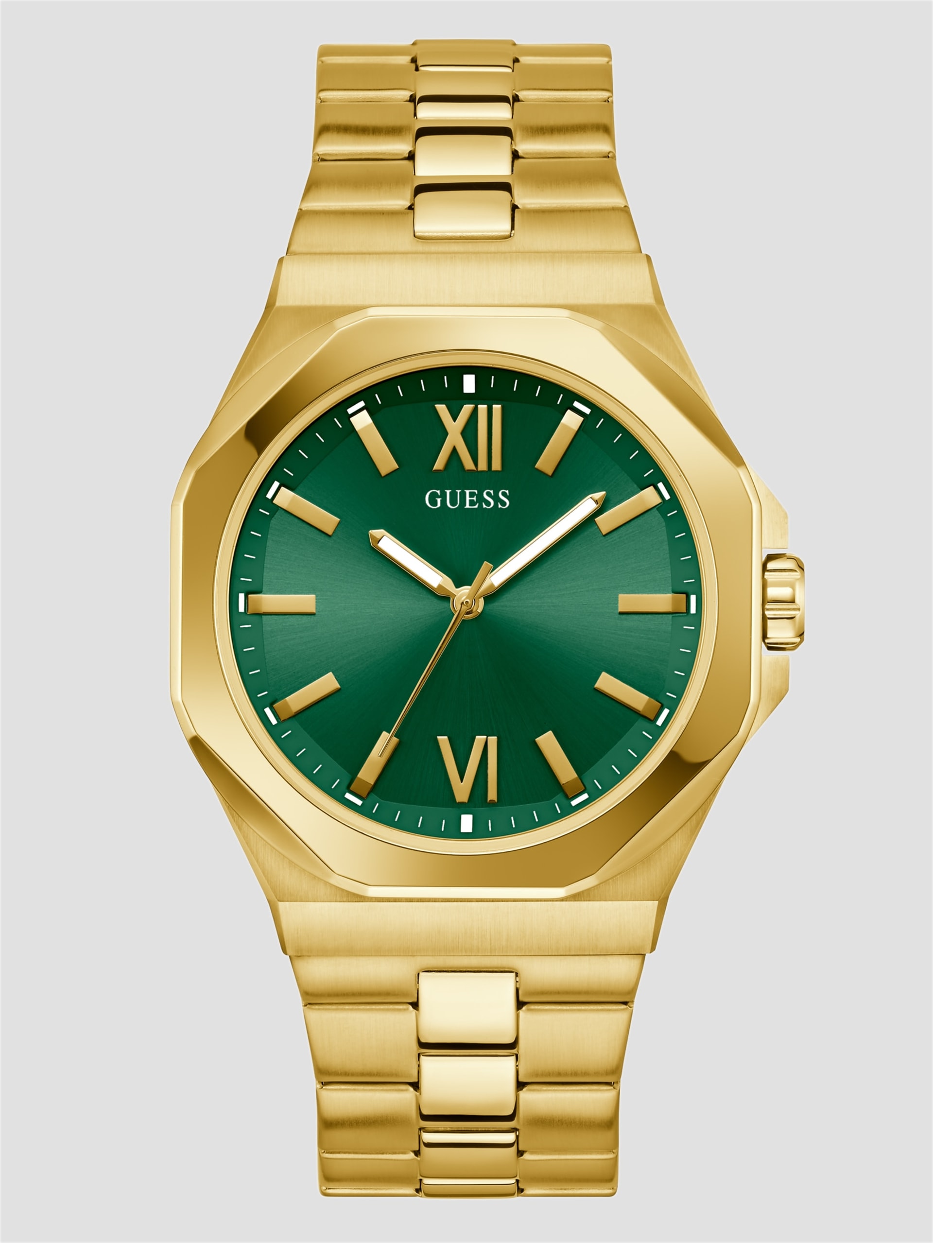 Relógio analógico dourado e verde