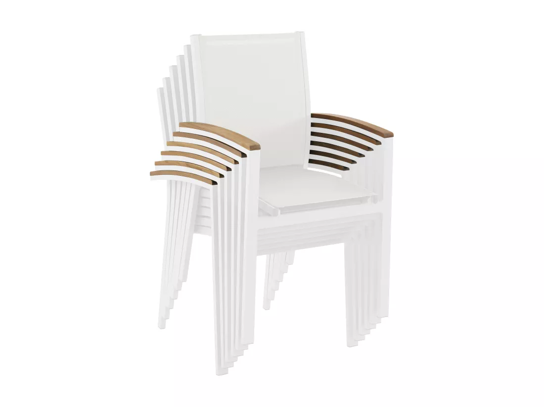 Salle à manger de jardin en aluminium : une table extensible L.180/240cm et 6 fauteuils empilables avec accoudoirs acacia - Blanc - NAURU de MYLIA