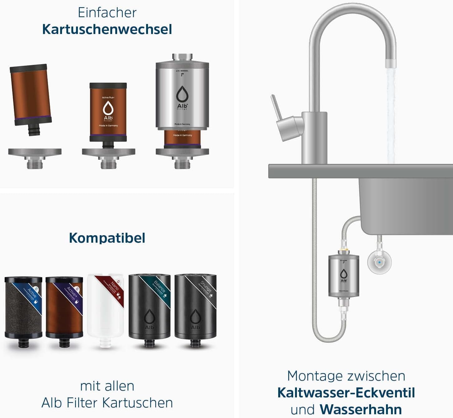 Alb Filter® Active Plus+ Wasserfilter gegen Kalk, Bakterien, und andere Schadstoffe | Unterspüle | Made in Germany Edelstahl Natur