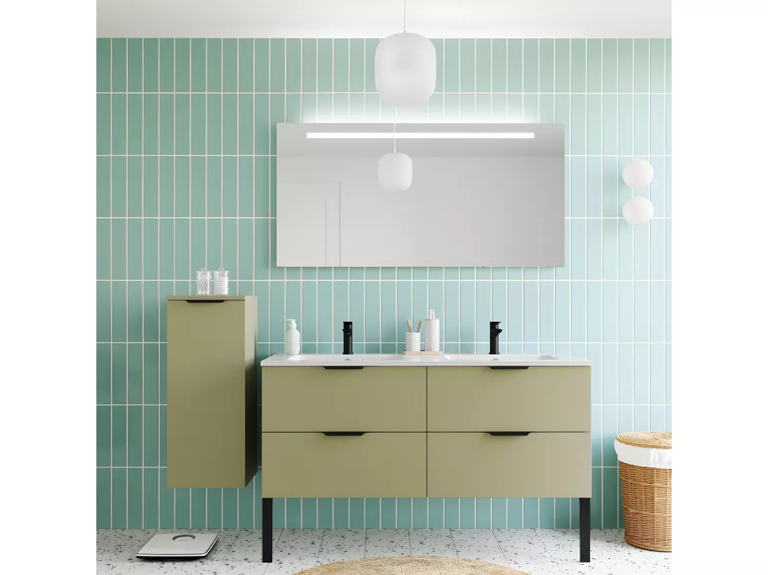 Meuble de salle de bain suspendu double vasque intégrée 140cm 4 tiroirs Vert olive - Soho