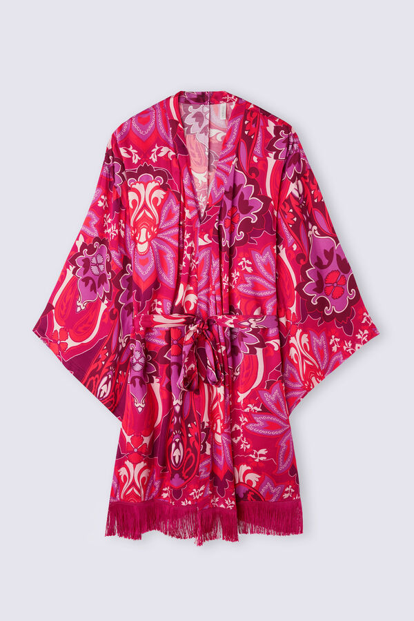 Kimono sensual de cetim viscose com estampa floral