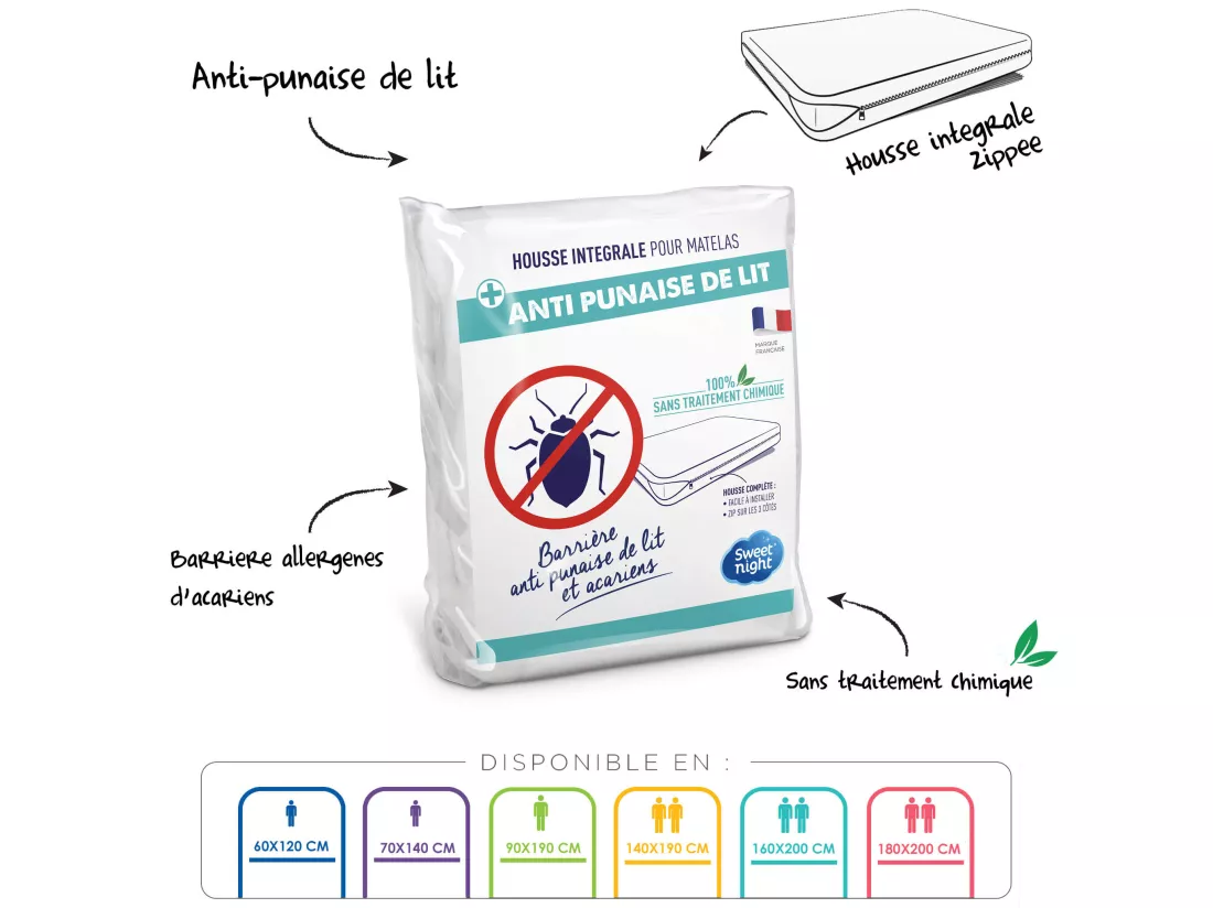Housse de matelas anti-acariens et anti-punaises sans traitement 160x200