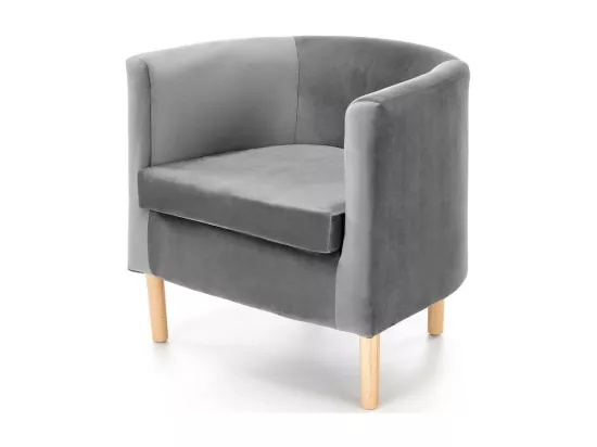 Fauteuil lounge en velours gris avec pieds en bois massif KELEN