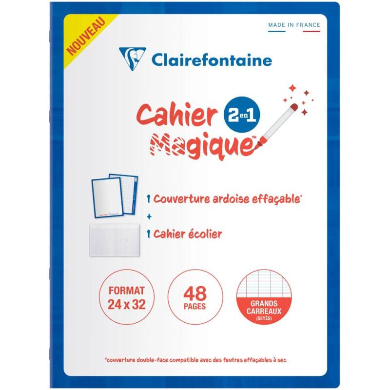 Cahier Magique couverture ardoise double-face effaçable piqué 24x32cm 48 pages grands carreaux (Seyès tricolore) - Bleu