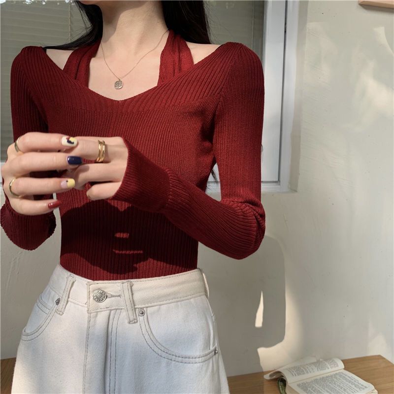 Hevnir - Tweedelige geribbelde, slim fit gebreide top met lange mouwen en halternek