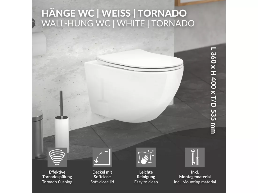 Toilette suspendu sans rebord blanc au siège WC Soft Close chasse d'eau tornado