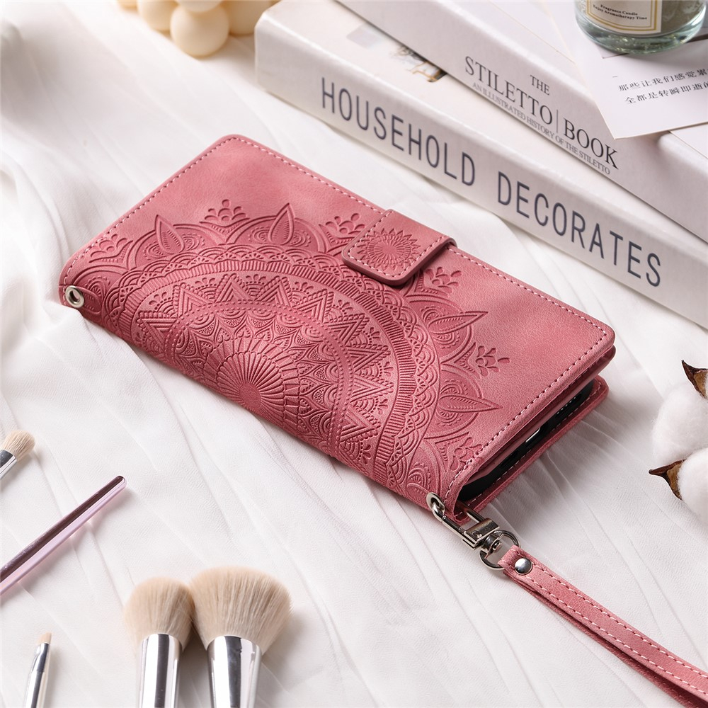 Samsung Galaxy A26 / A17 Leder Tasche Flip Cover mit Reissverschluss - Mandala Flowers Imprint - Rosa