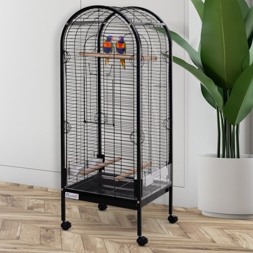 Gaiola PawHut com 4 rodas para papagaios, preta/dourada