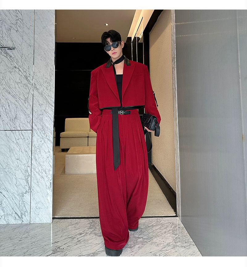 Freehop - Set: Peak Lapel Two Tone Faux Leather Panel Open Front Crop Blazer + Mid Rise Wide Leg Dress Pants
