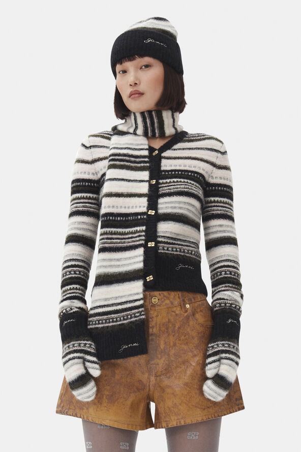 Ganni Striped Soft Wool Beanie Black
