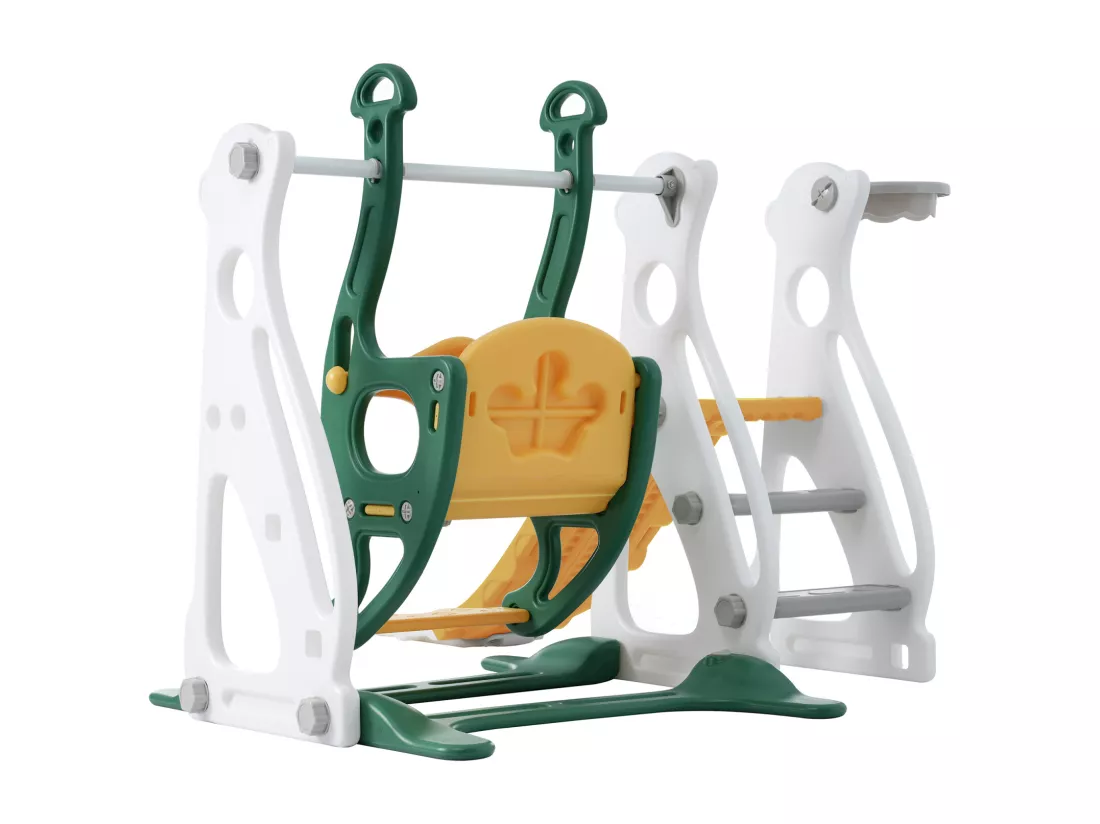 Toboggan pour enfants 4 en 1 - Convient pour l'intérieur et l'extérieur - avec balançoire, cadre de basket, toboggan, échelle - Vert