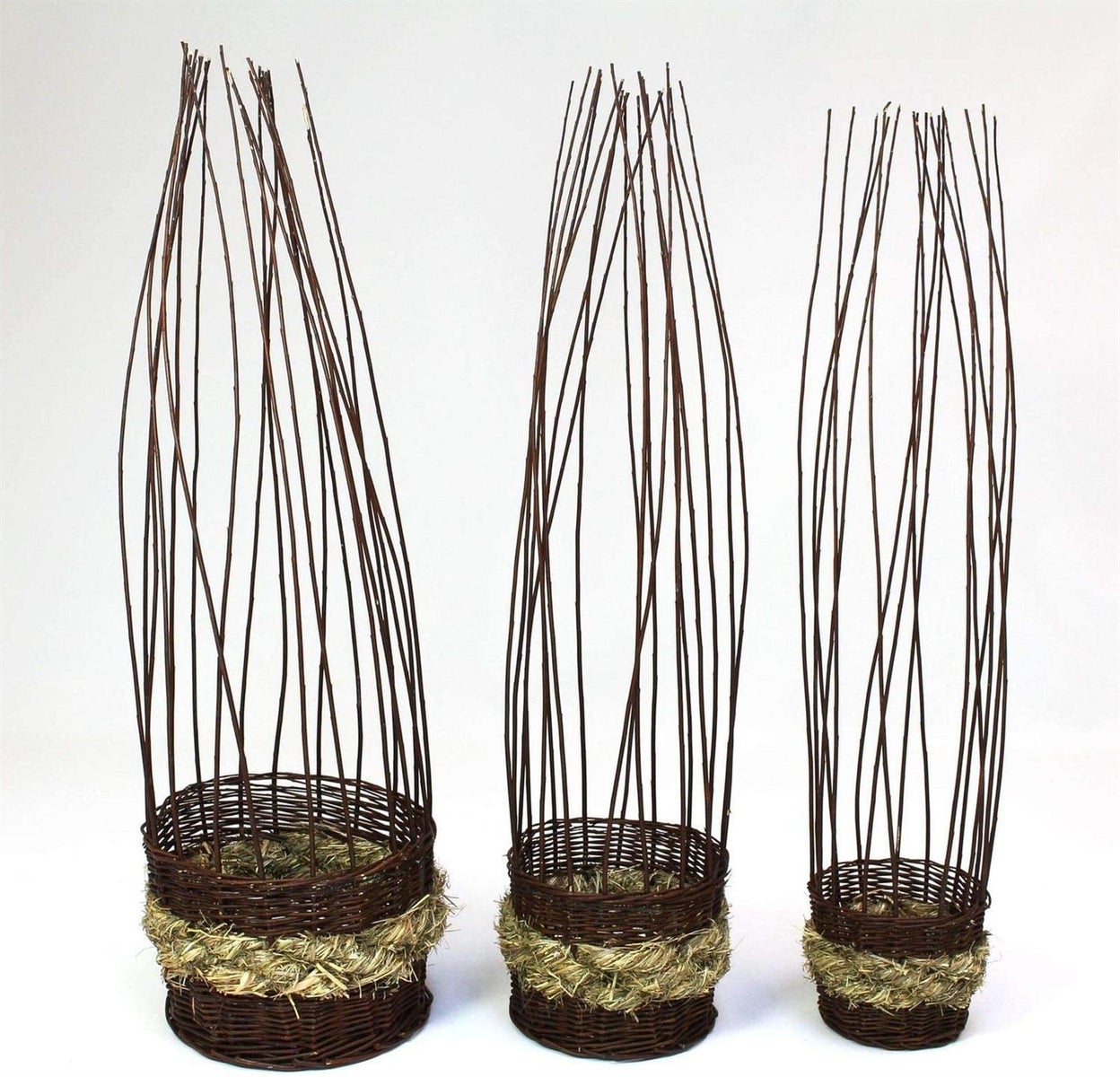 Dekoleisschaft 3x Wilgen- en stroplantmand, bloempot met trellis, plantenbak met klimhulp, tuindecoratie, plantenbak