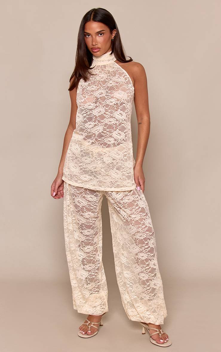 Crème Ensemble Coordonné Pantalon Ballon En Dentelle Transparente