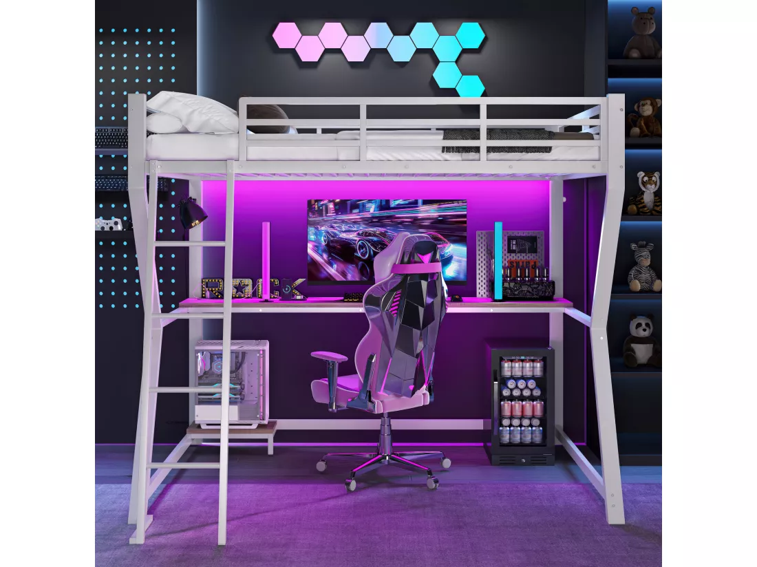 Lit mezzanine 90x200cm avec LED et prises - bureau + escalier - Blanc