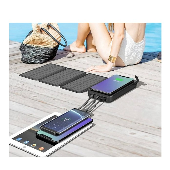 (20W) 16000mAh USB A / USB C Solar Powerbank Qi Wireless Ladegerät inkl. USB A / USB C / Lightning Ladekabel mit Taschenlampe (IP65) - Schwarz