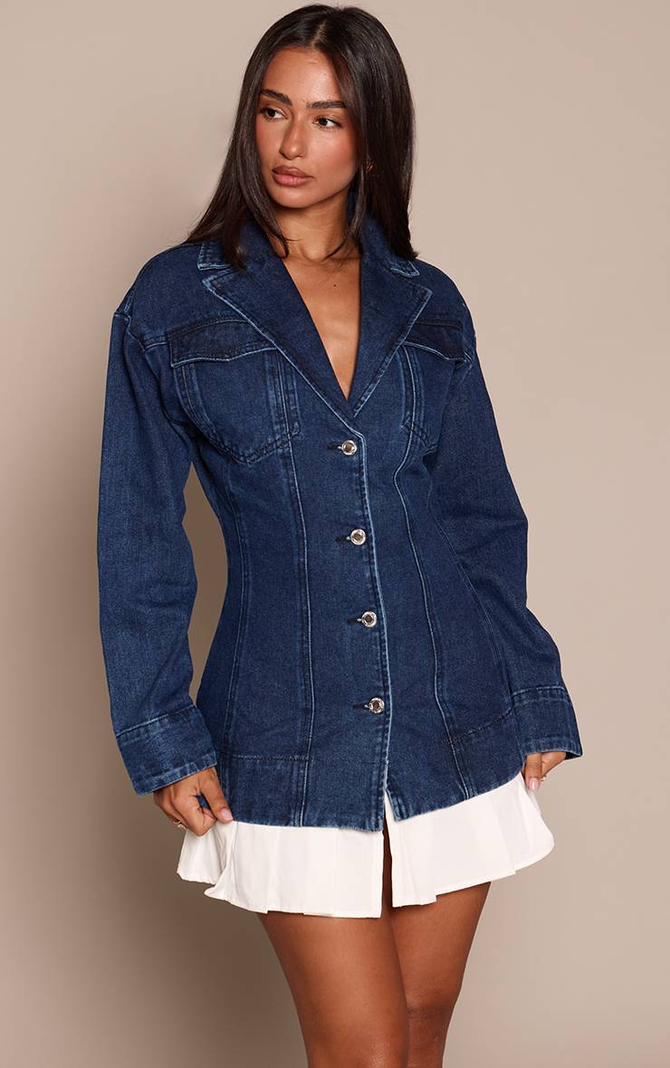 Bleu Indigo Robe Courte Ajustée En Denim Petite Avec Détails Plissés