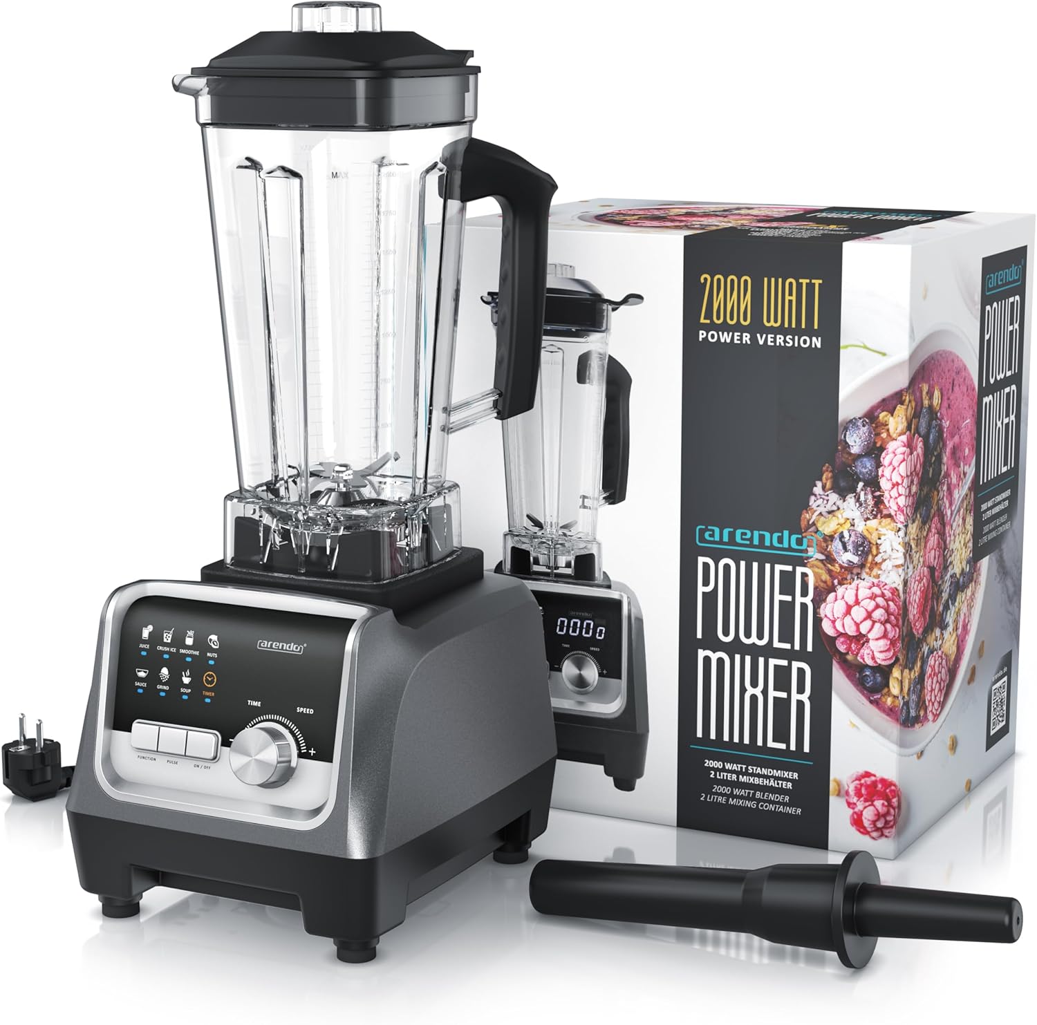 Arendo – Standmixer 2000 Watt - Hochleistungsmixer Edelstahl - 2 Liter Fassungsvermögen – mit Display - 9 Geschwindigkeitsstufen – hochwertige Edelstahl-Messereinheit – 3 voreingestellte Programme