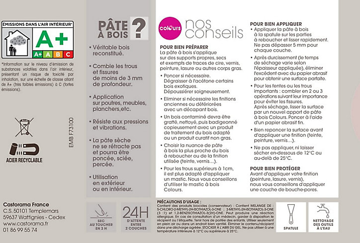 Pâte à bois rebouche fissures et imperfections blanc Colours 500g