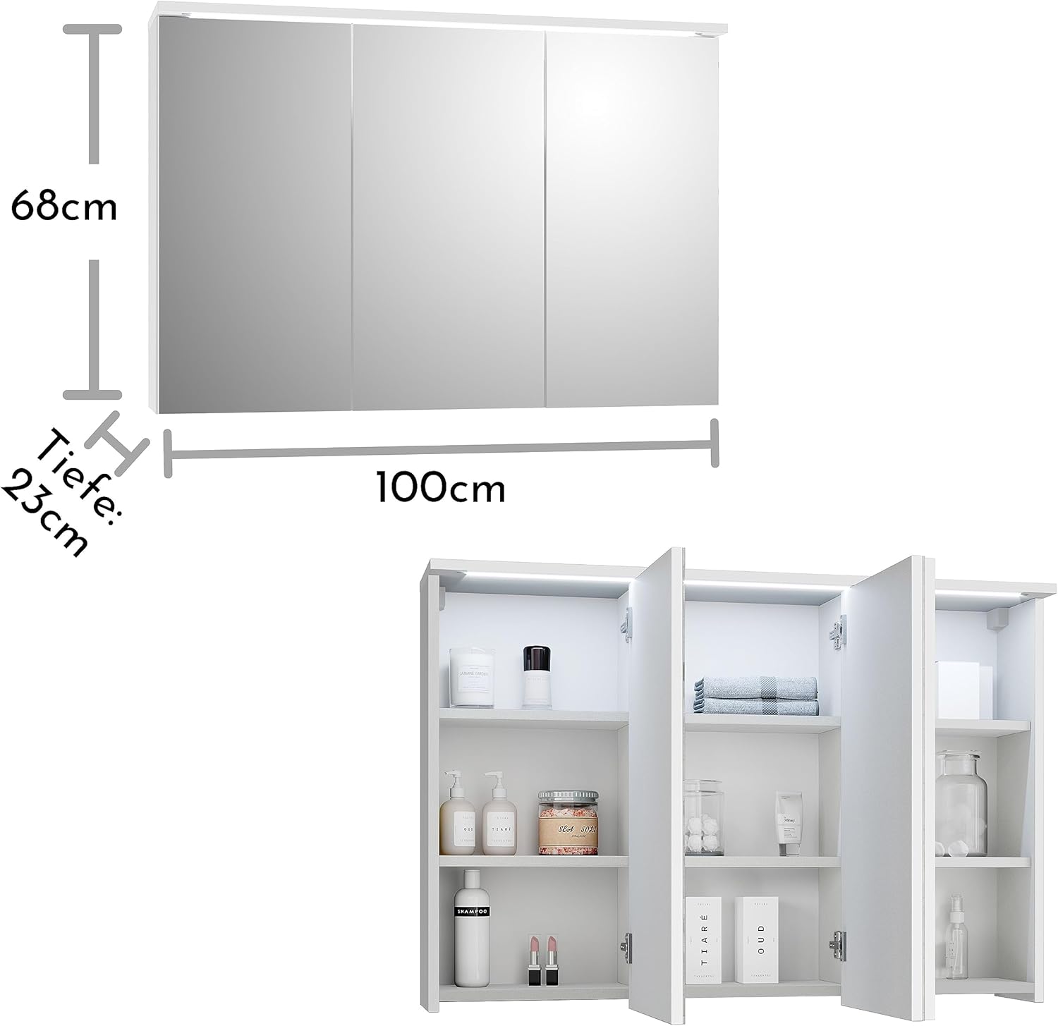 Stella Trading TWO Spiegelschrank Bad mit LED-Beleuchtung in Weiß - Badezimmerspiegel Schrank mit viel Stauraum - 100 x 68 x 22,5 cm (B/H/T)