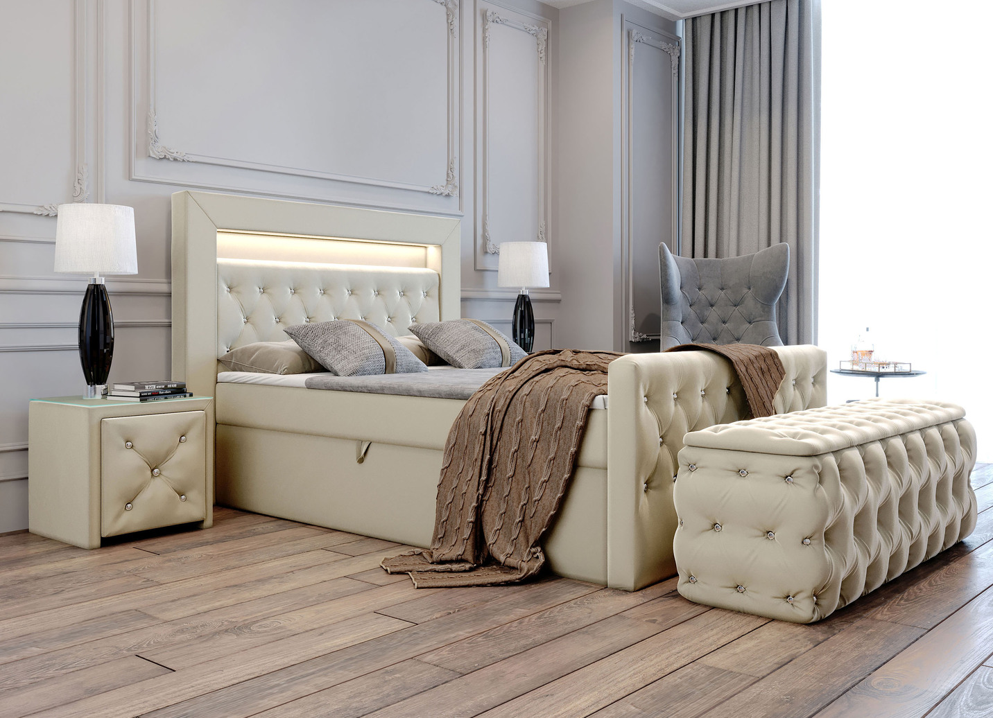 Boxspringbett mit LED-Beleuchtung, Topper und Nachttisch