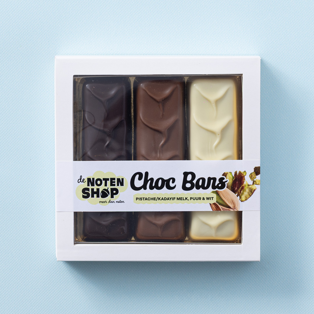 Choc bars pistache/kadayif - melk/puur/wit 3 stuks