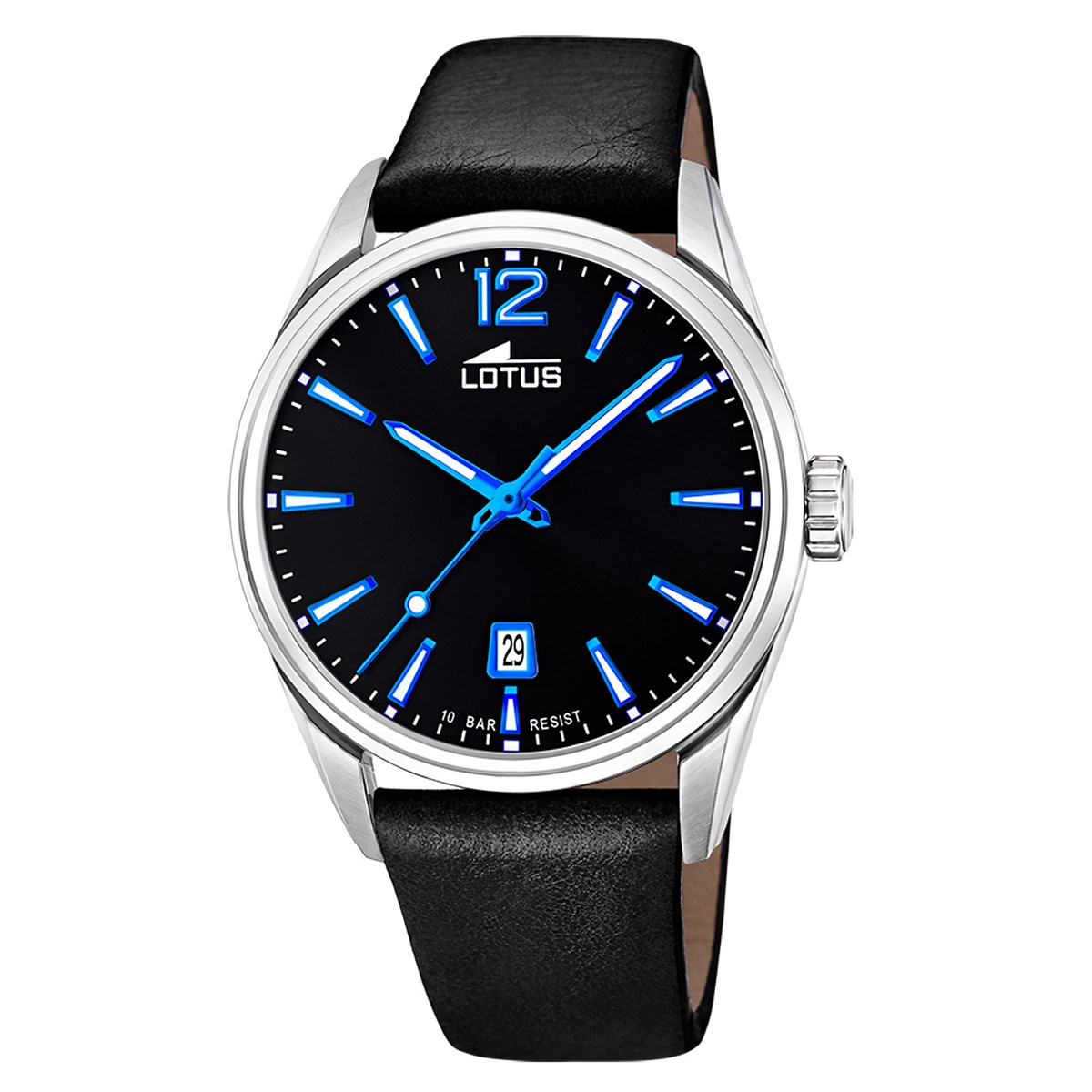 Montre Lotus fond noir et index blancs et bleus