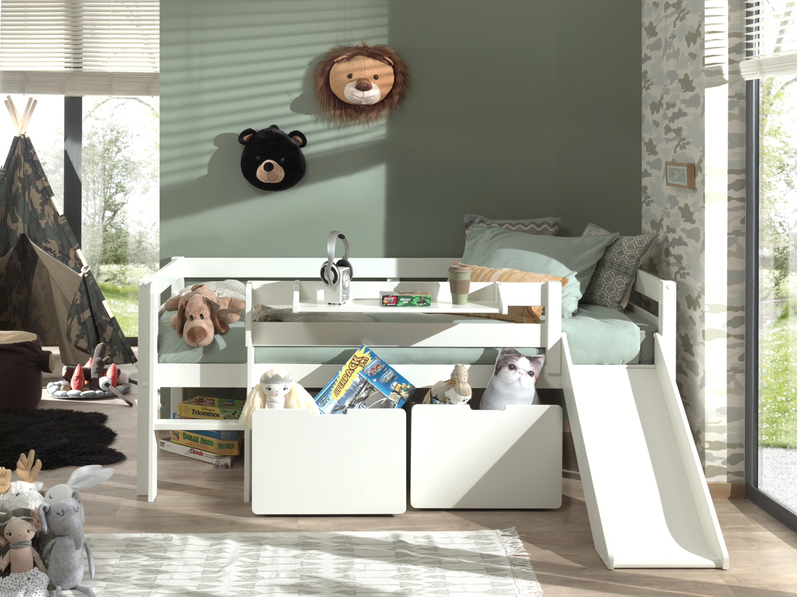 Kojen-Spielbett - weiß - Schubkästen - Regal - Rutsche - 90x200 cm